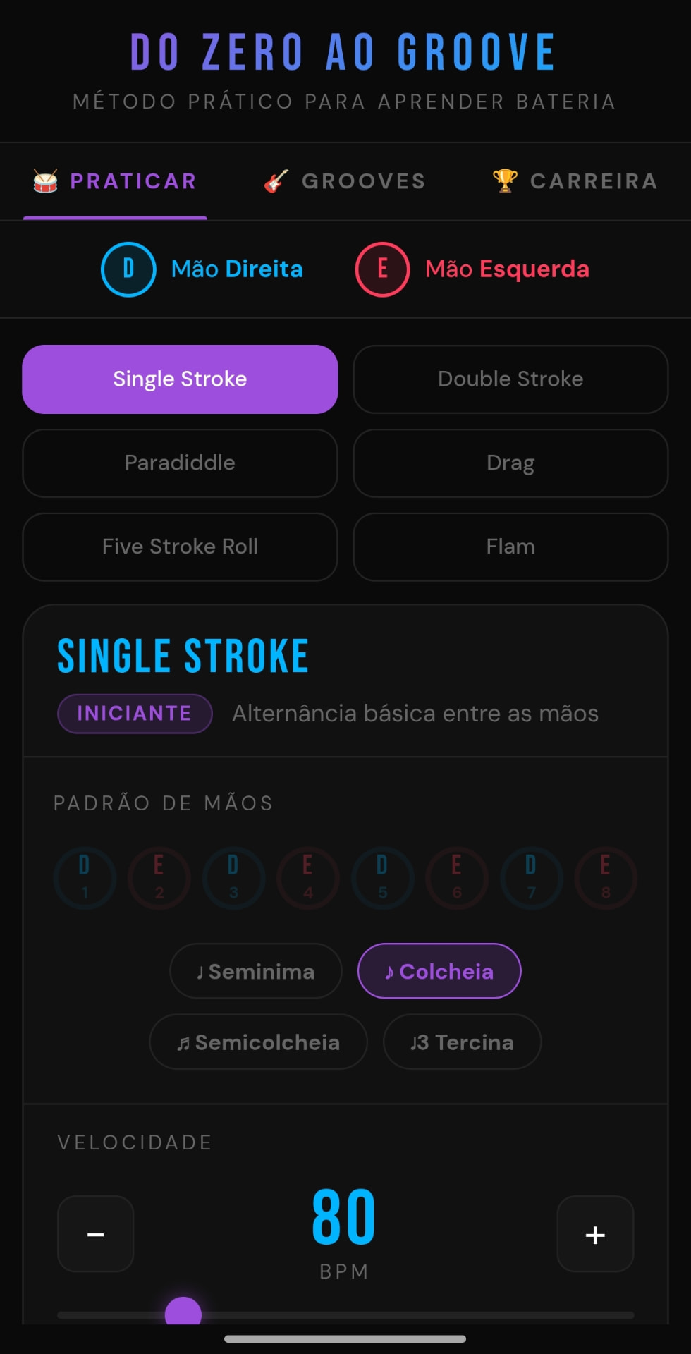 App Do Zero ao Groove — aba Praticar