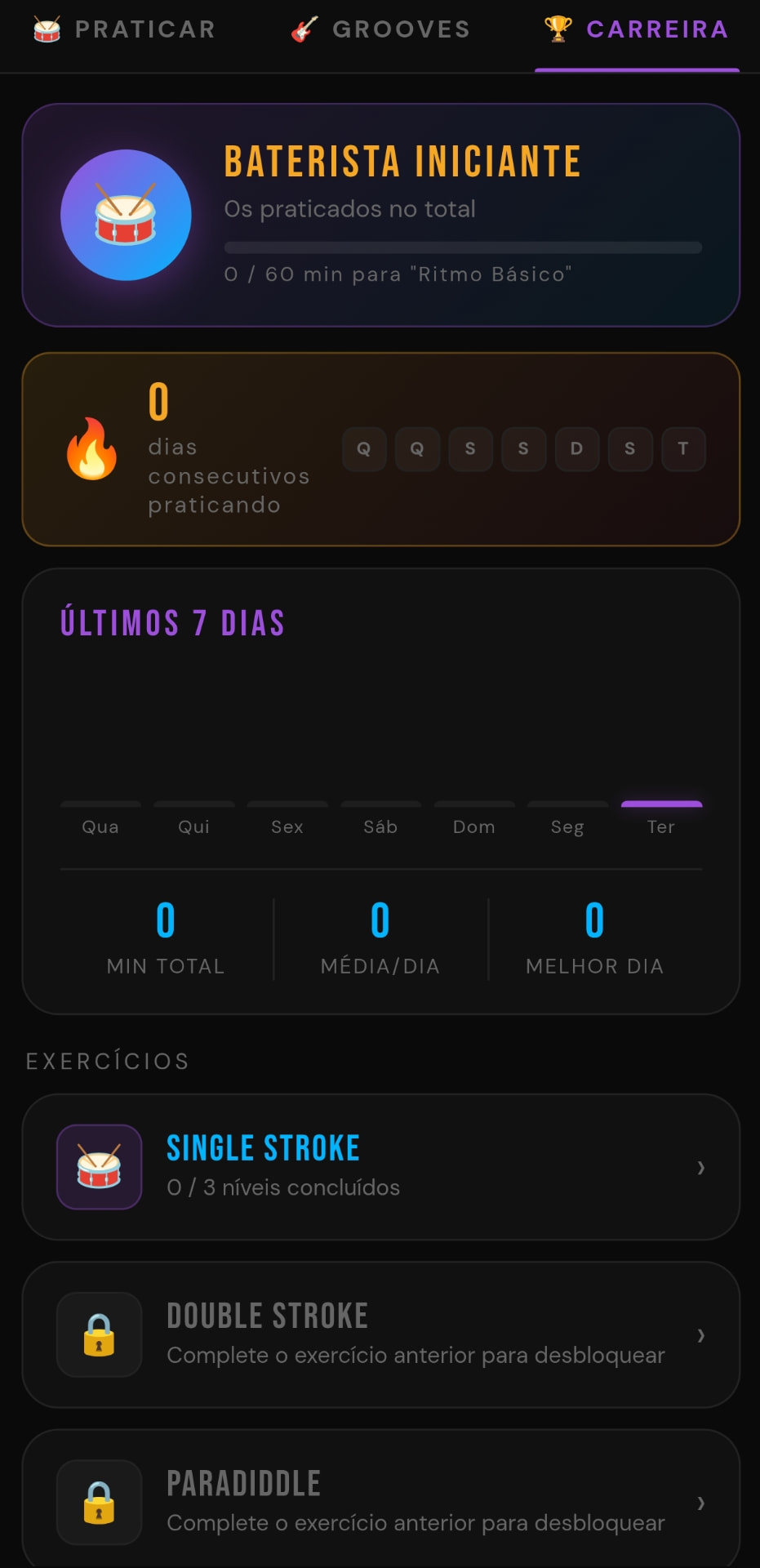 App Do Zero ao Groove — aba Carreira