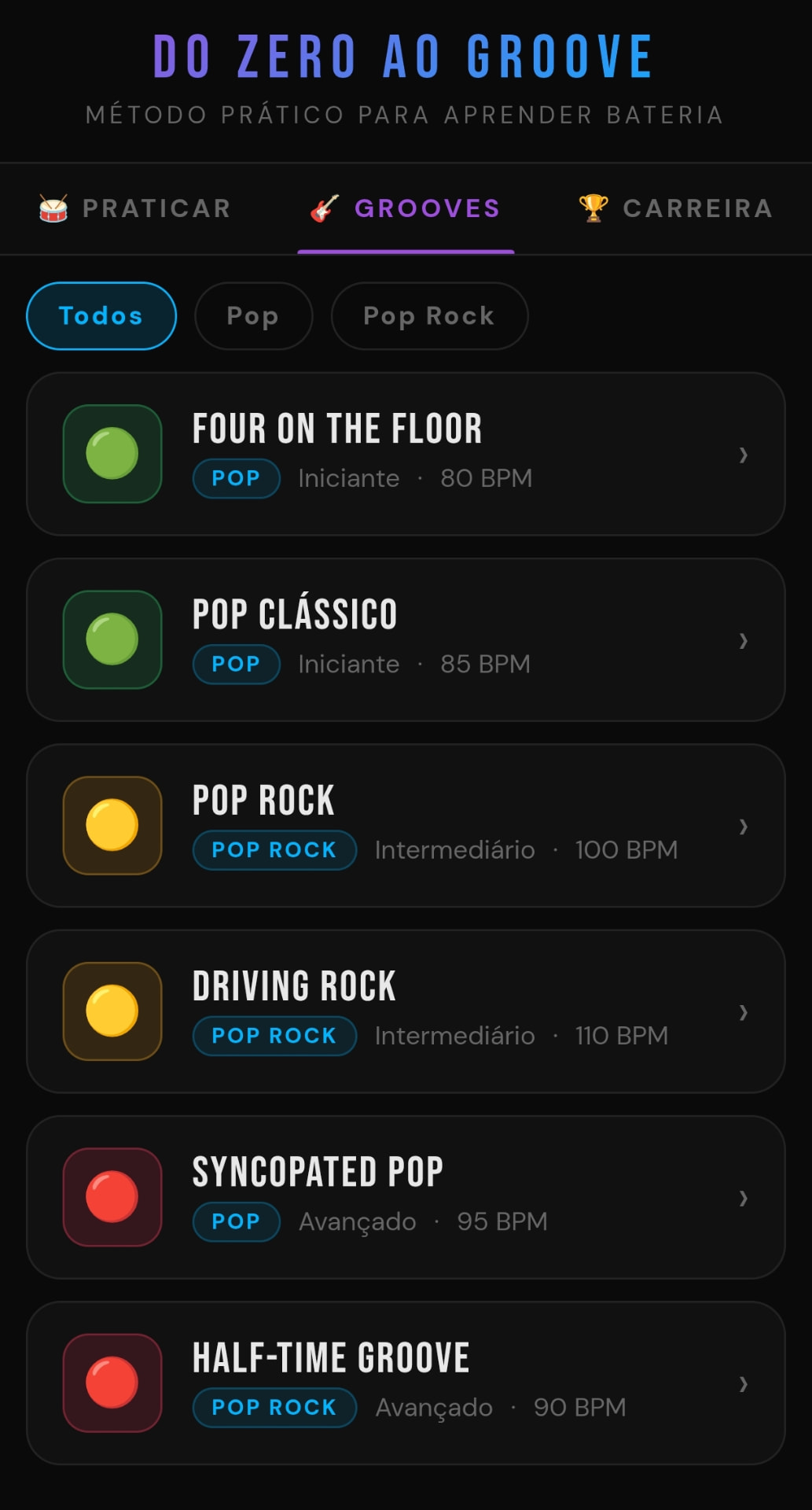 App Do Zero ao Groove — aba Grooves